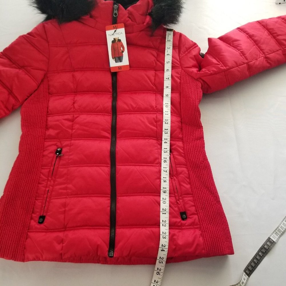NAUTICA PUFFER COAT WOMENS MEDIUM RED BLACK FAUX FUR TRIM WATER RESISTANT NWT - Picture 12 of 12